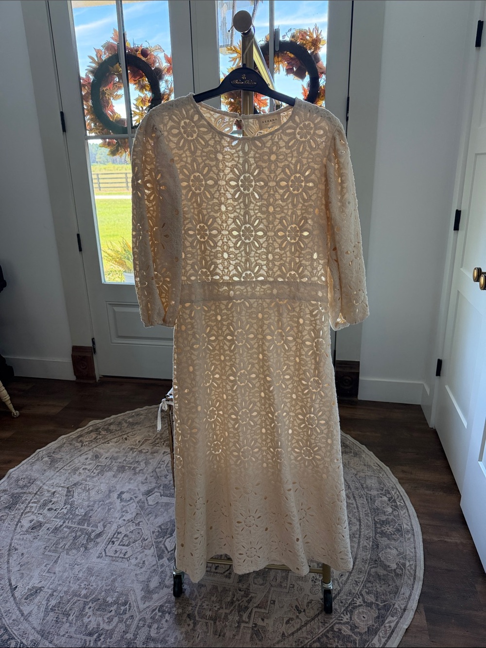 Cream Lace Midi Dress with Cutwork